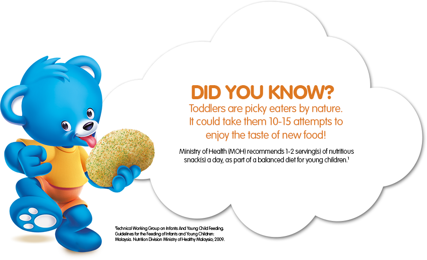 DID YOU KNOW? Toddlers are picky eaters by nature. It could take them 10-15 attempts to enjoy the taste of new food! Ministry of Health (MOH) recommends 1-2 serving(s) of nutrillious snack(s) a day, as part of a balanced diet for young children.